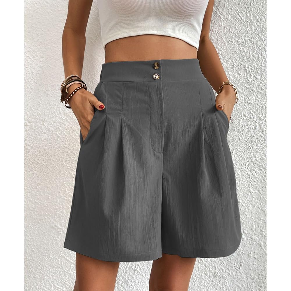 Bermuda Shorts for Women Knee Length Cotton Shorts with Pockets Womens Summer Trendy Elastic Waist Shorts Lounge Shorts Grey M