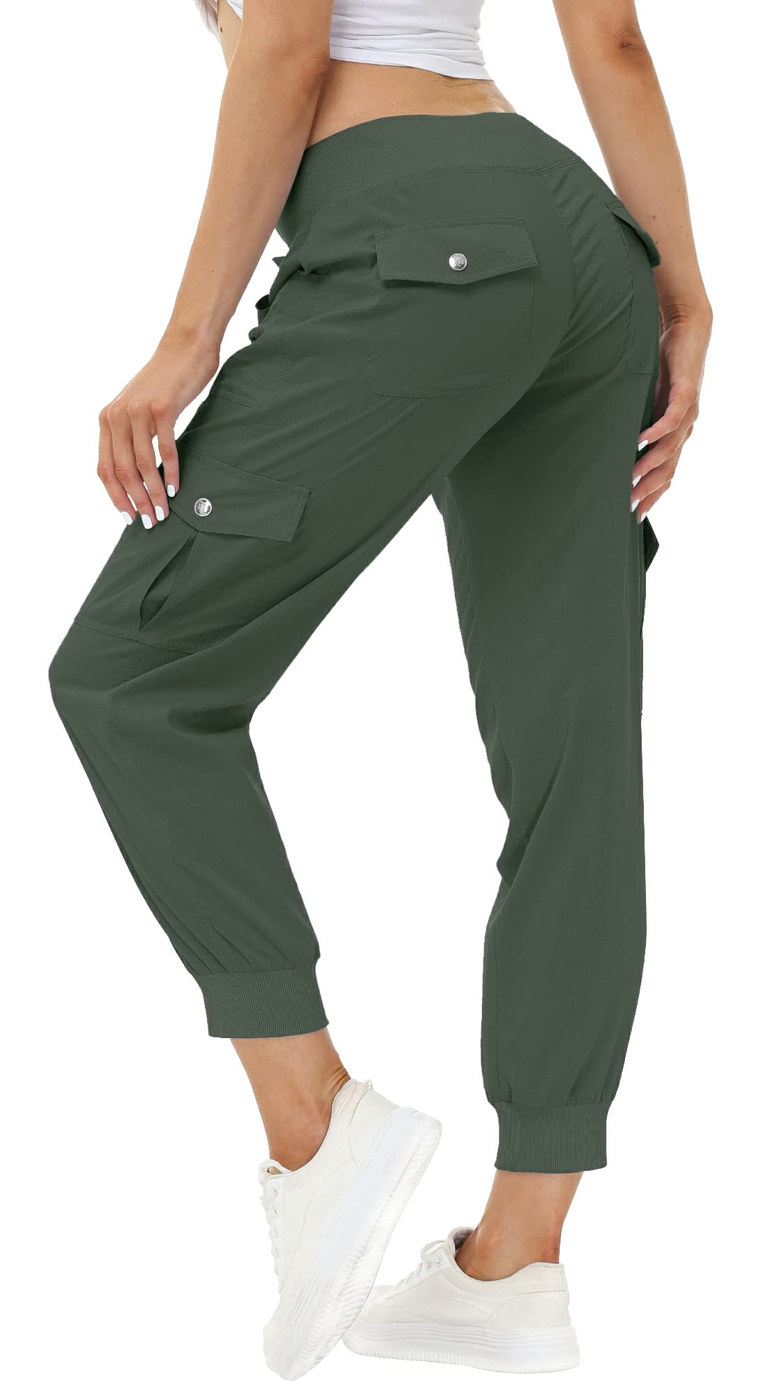 MoFiz Women's Hiking Pants Cargo Joggers Sweatpants with Pockets Lightweight Quick Dry Outdoor Summer Casual Athletic Elastic Waist Army Green S