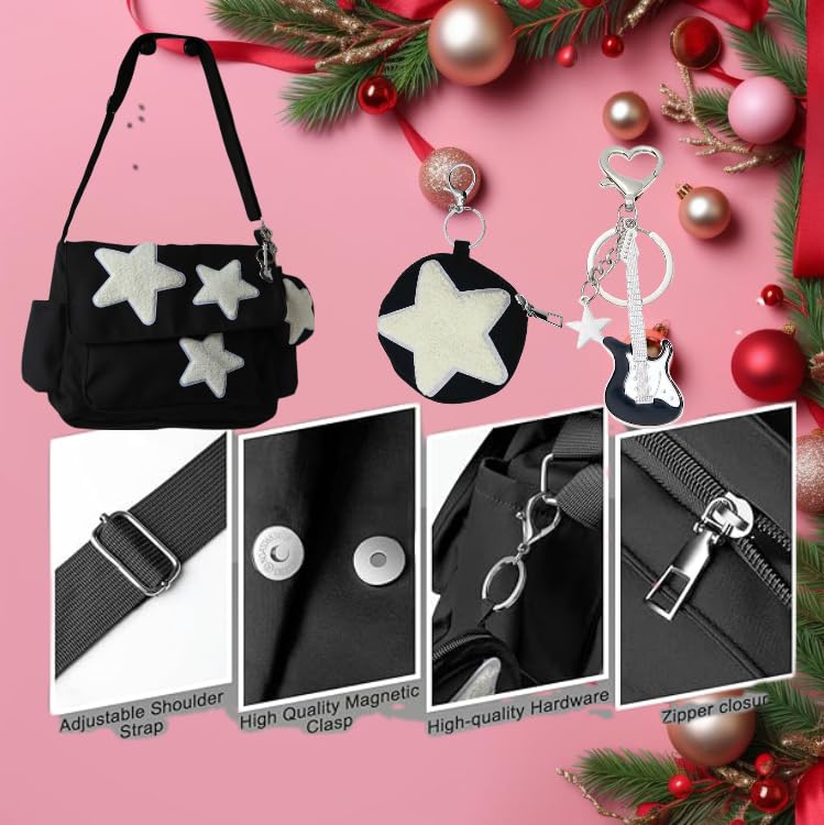 Black Y2K Star Messenger Bag with Coin Purse & Keychain - Cute Grunge Tote