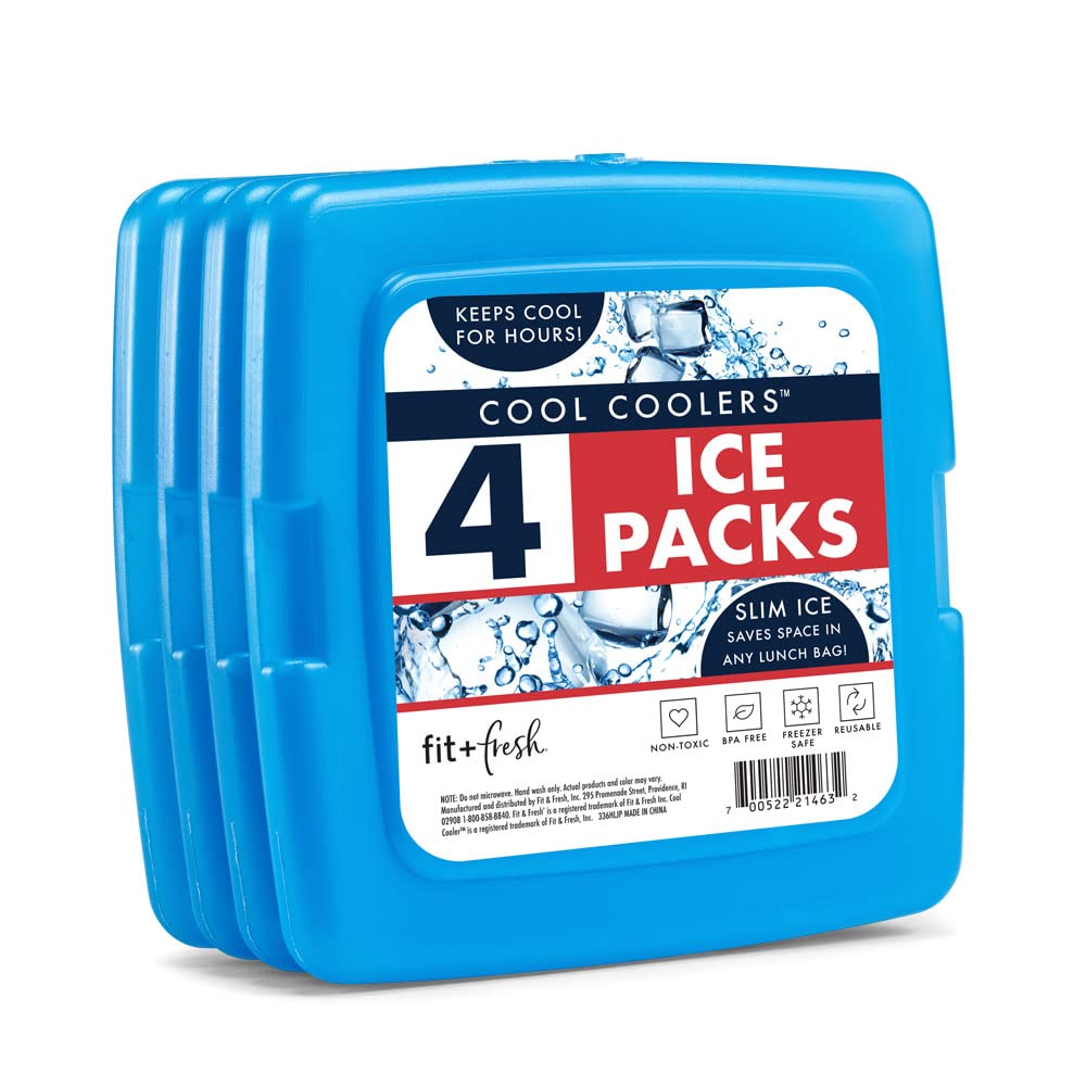 Cool Coolers by Fit + Fresh, Reusable & Long-Lasting Slim Ice Packs, Perfect Addition To Your Lunch Box, Camping Accessories, Insulated Lunch Bag, Beach Cooler Backpack & More, 4PK, Blue