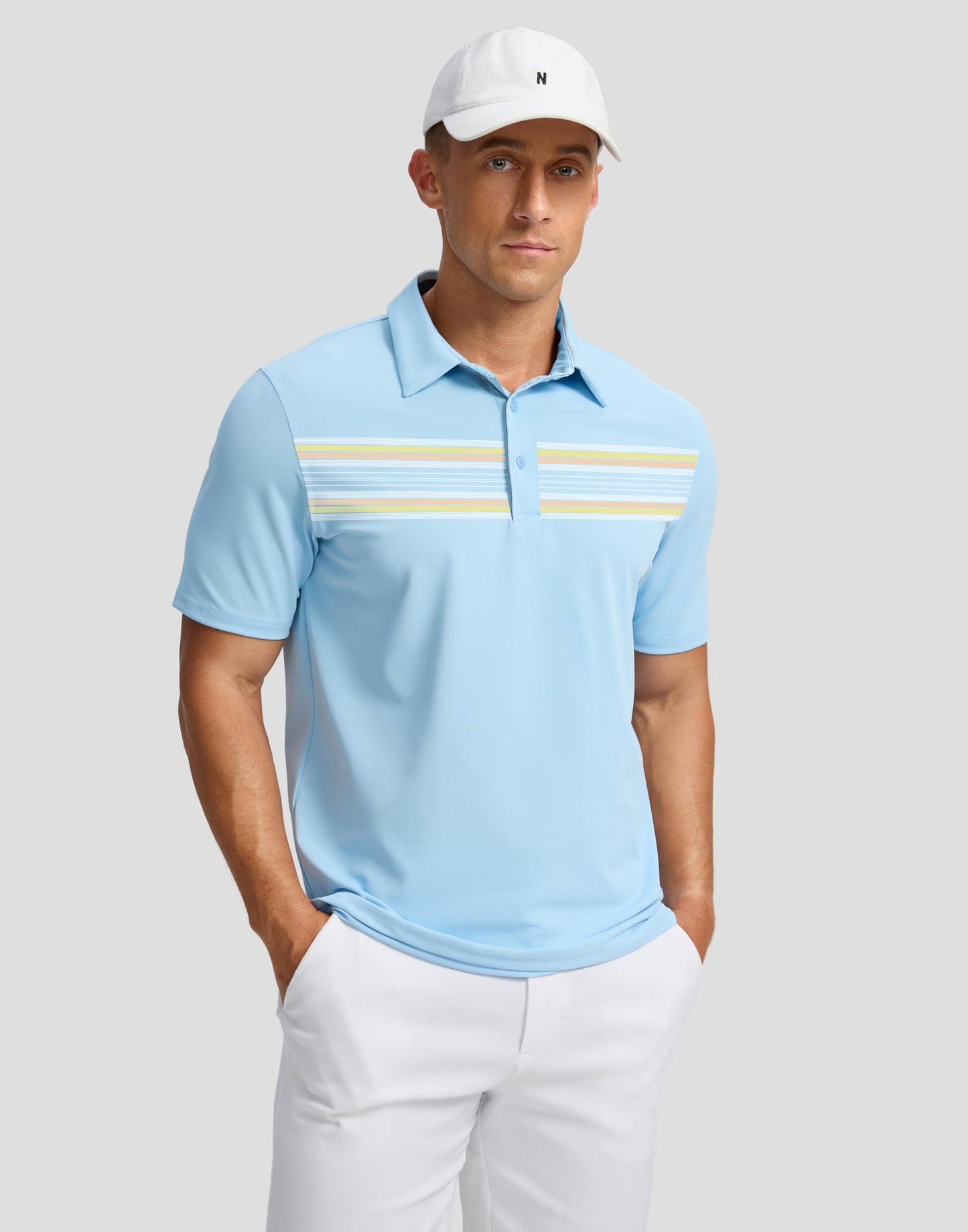 G Gradual Men's Golf Shirts Quick Dry Moisture Wicking Performance Short Sleeve Collared Polo Shirts for Casual Athletic Business (Light Blue Stripes, M)