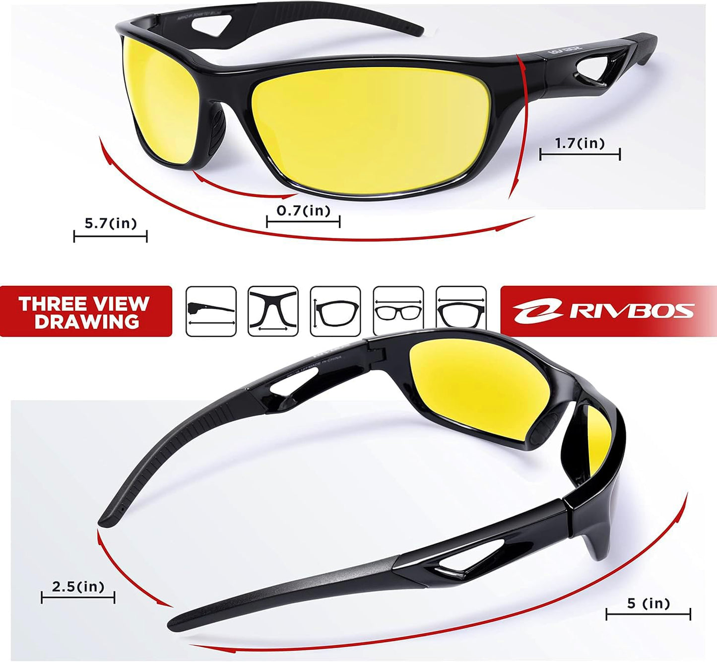RIVBOS Night Vision Driving Glasses Anti Glare HD Yellow Tinted Sunglasses for Men Women RB831