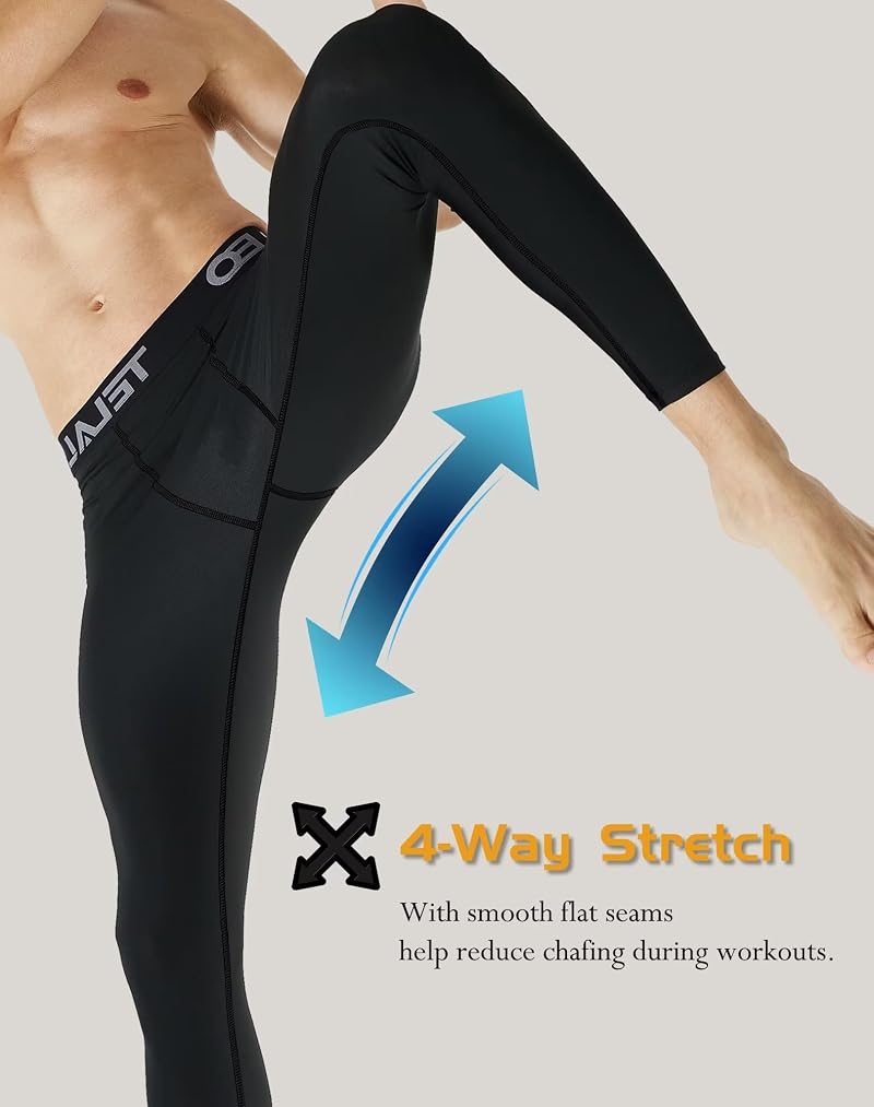 Thermal Compression Pants for Men — Fleece Lined Long Johns, 4 or 5 Pack, TELALEO (5black, Large) Variation