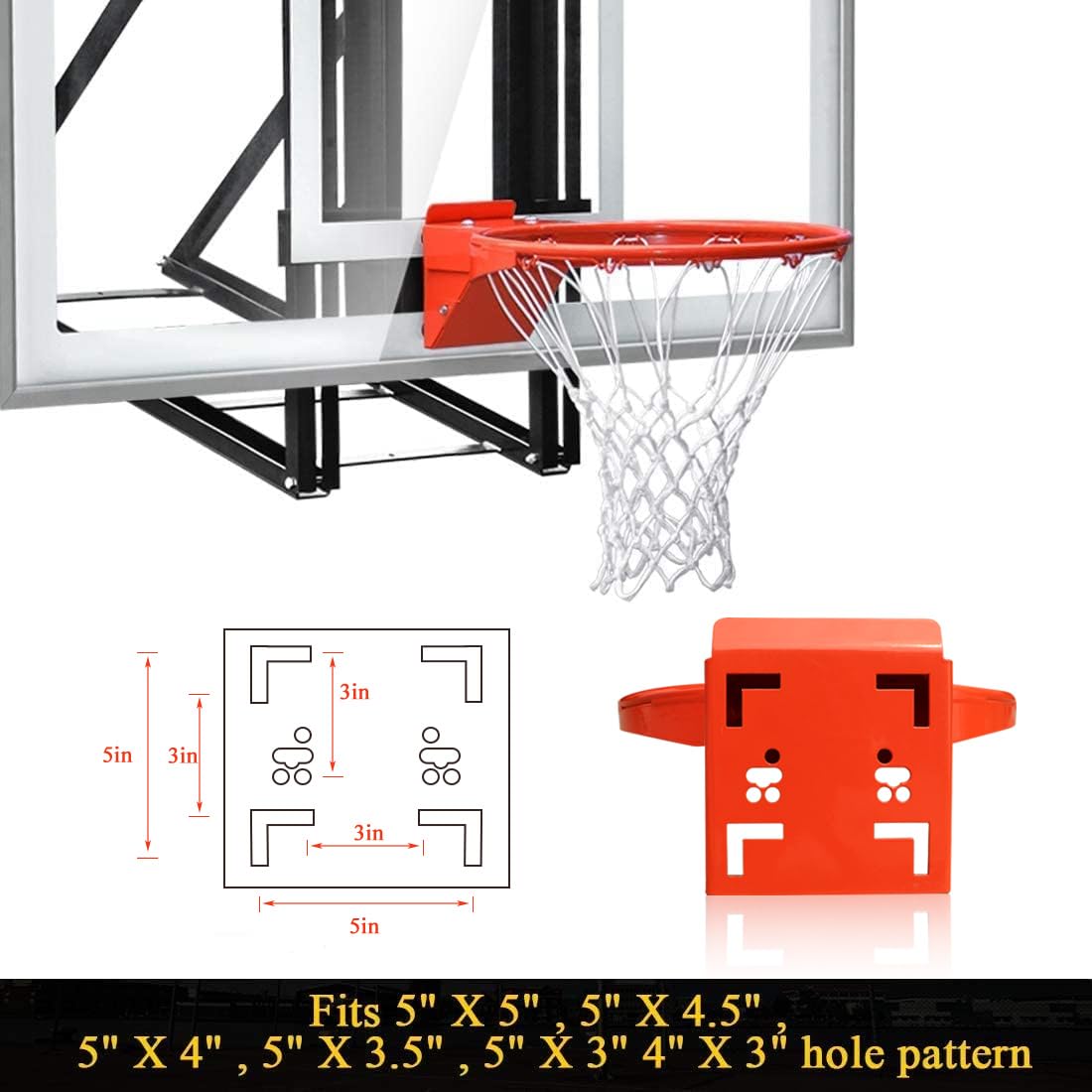 ProSlam 180° Heavy Duty Breakaway Basketball Rim, 18" Double Spring Flex Replacement, 5/8" Solid Steel, Positive Lock, Fits 4 Hole Patterns (5x5,5x4,4x3,5x3) Backboard