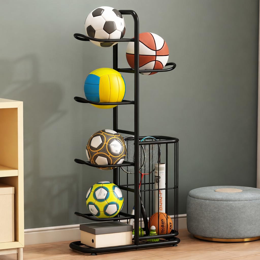 MLUPODY Sports Ball Storage Rack | Adjustable Vertical Stand for Basketball, Soccer, Volleyball & More | Durable Steel Organizer for Garage |5-Ball |45.7 inches, black