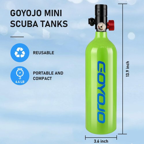 GOYOJO 1L Mini Scuba Tank with Mask – DOT Certified Portable Diving Air Tank, 3000 PSI Max Pressure, Pony Bottle Underwater Breathing Device for Snorkeling & Scuba Diving (Green)