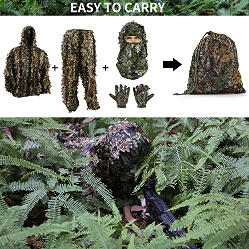 Outdoor Camouflage Ghillie Suit for Hunting & Airsoft, 3D Leafy Hooded Design - Dark Green, Height 5.9-6.2 ft