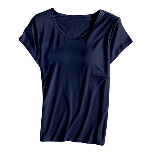 JiXiang Shirts with Built in Bras for Women Short Sleeves Crewneck Padded Tunics Tops Comfy Athletic Shelf Bra Active Tees
