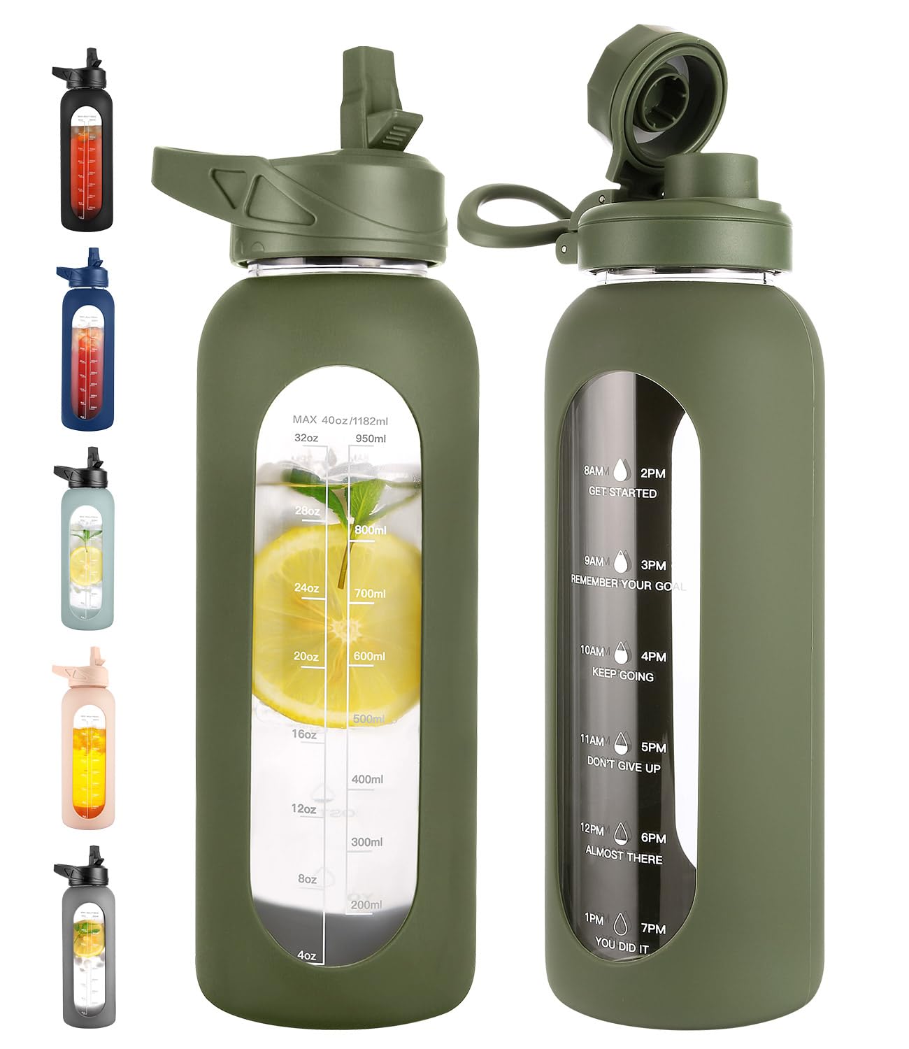 CIVAGO 40 oz Glass Water Bottle with Straw and Handle, Large Sports Motivational Water Bottle Flask with Time Marker and 2 Lids, Leakproof Water Jug Canteen with Silicone Sleeve for Gym, Army Green