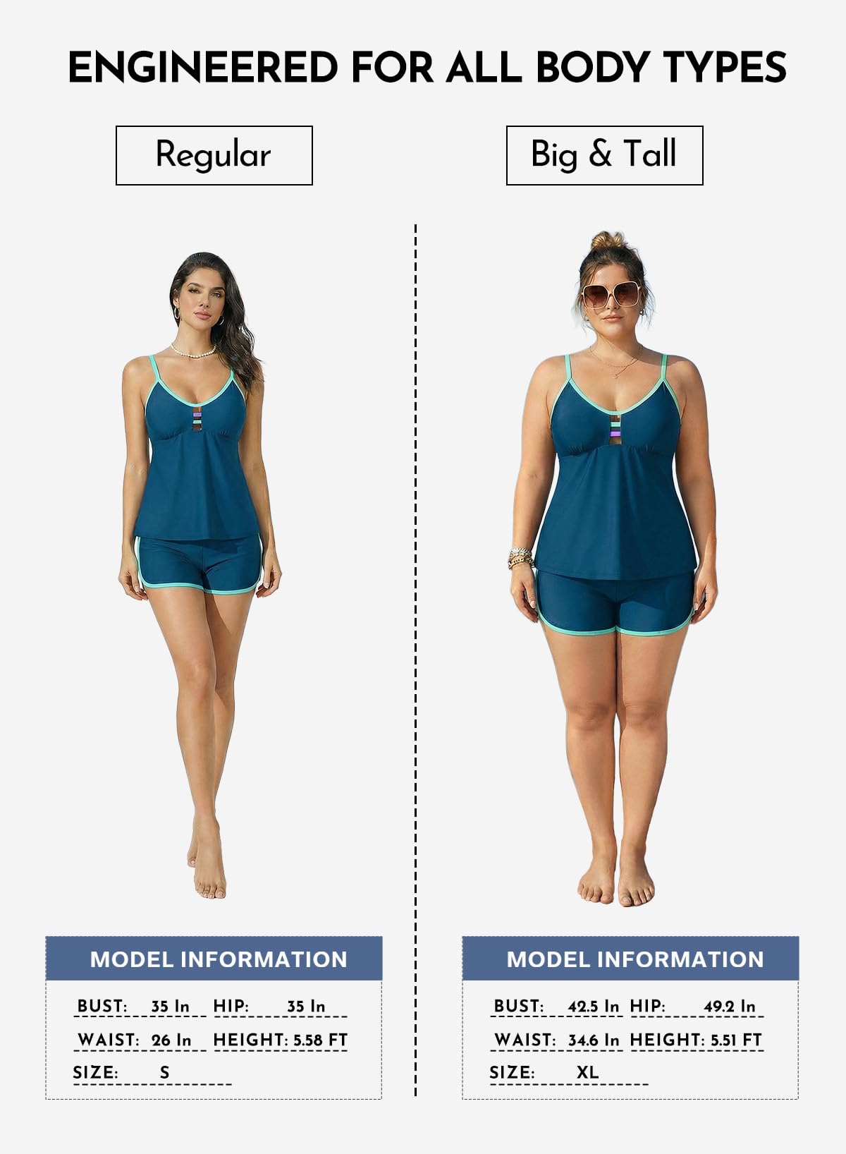 Aleumdr Women Blouson Color Block Tankini Swimsuits Tummy Control Two Piece Bathing Suits with Two Pockets Bottom Swimwear Sail Blue Large