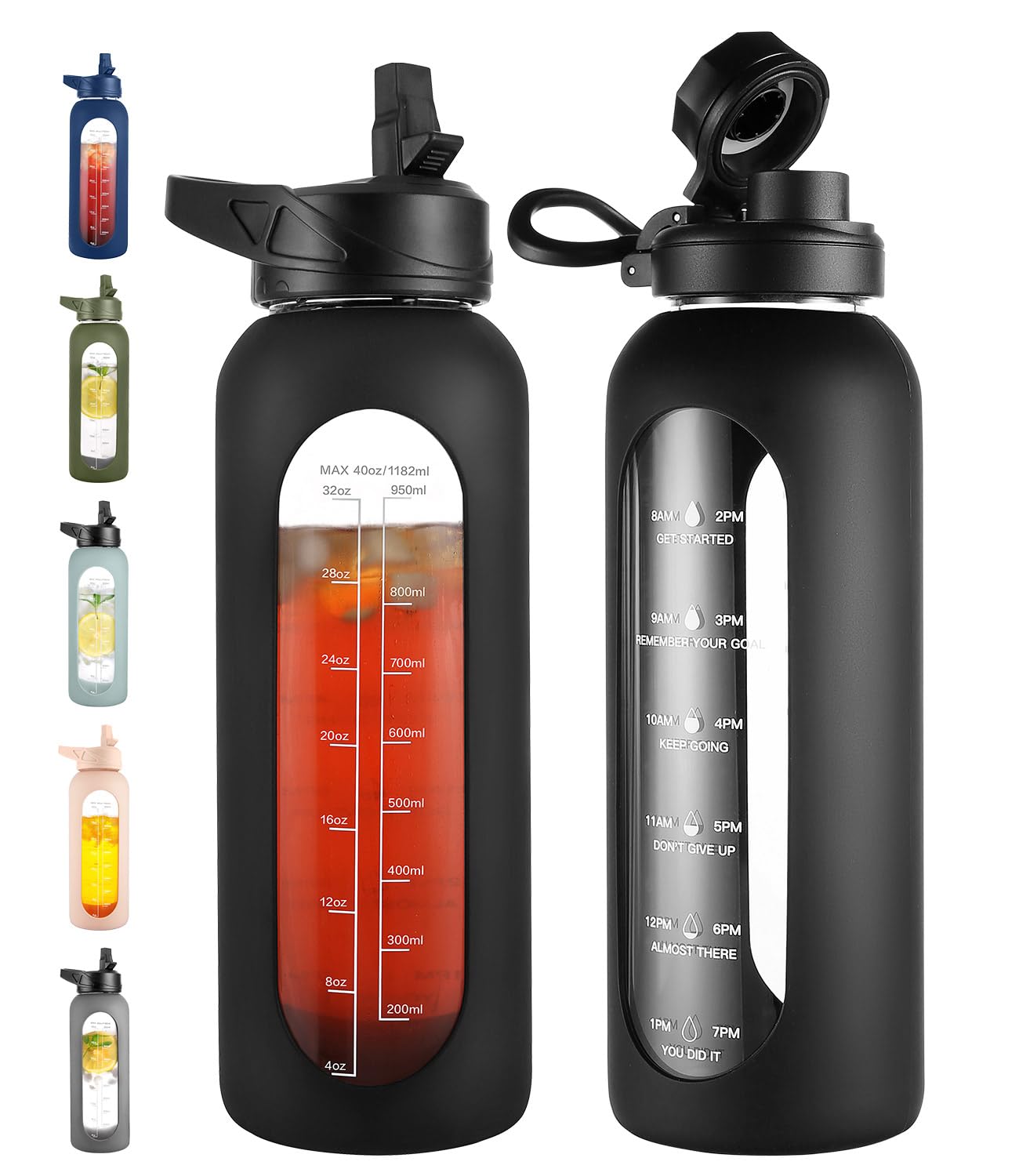 CIVAGO 40 oz Glass Water Bottle with Straw and Handle, Large Sports Motivational Water Bottle Flask with Time Marker and 2 Lids, Leakproof Water Jug Canteen with Silicone Sleeve for Gym, Black