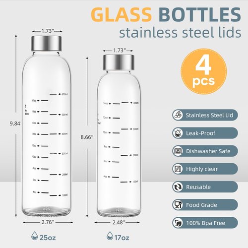 Olivego Glass Water Bottles with Lids 17 oz, Clear Juice Bottles With Stainless Steel Cap, Reusable Glass Drinking Bottle for Juicing, Refrigerator,100% Leak Proof, BPA Free