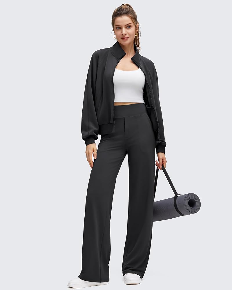 G4Free BareFeel Women’s High-Stretch Wide-Leg Pants with Pockets, Black, Medium