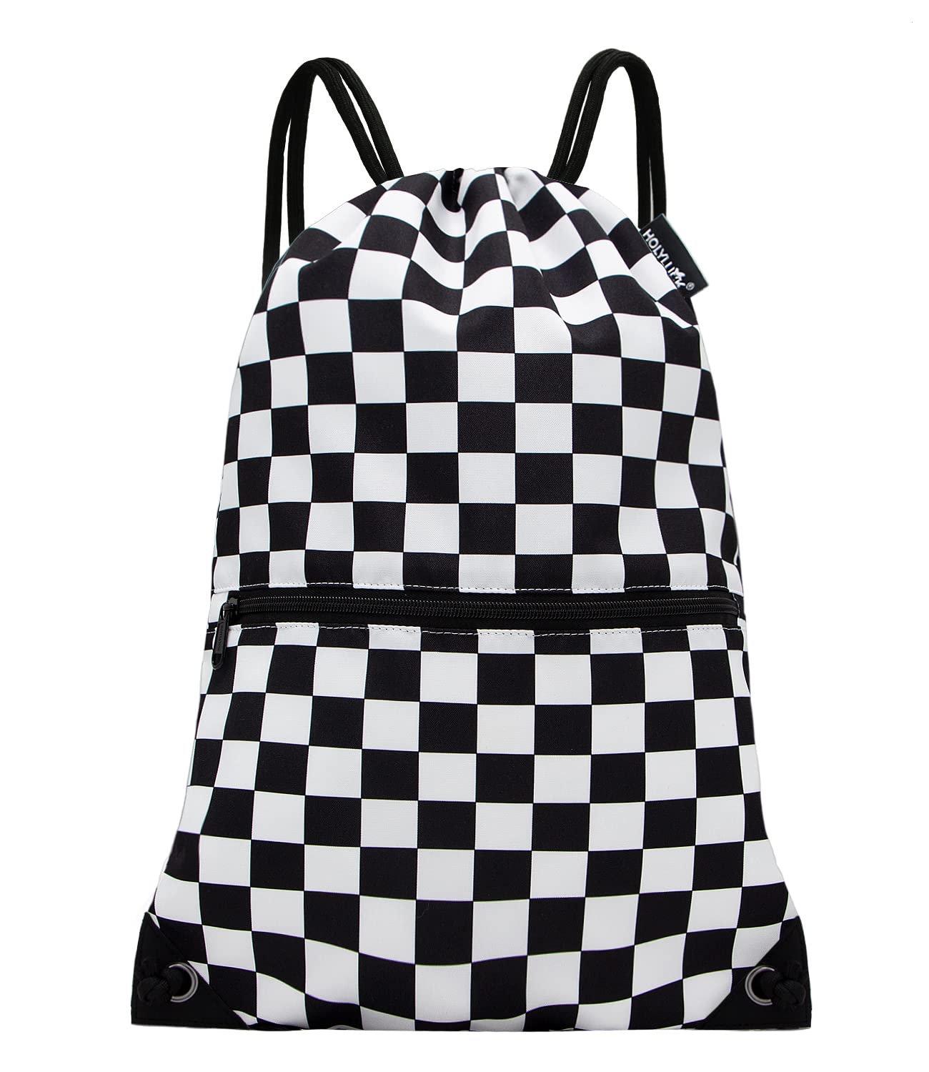 HOLYLUCK Drawstring Backpack Bag Sport Gym Sackpack (Black and white grid)