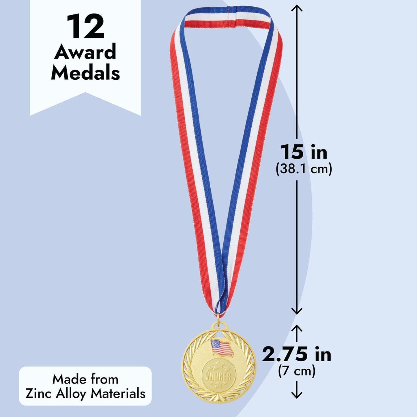 Juvale Medals for Awards - 12-Pack Gold 2.75-inch Medals with 15.5-inch Red/White/Blue Neck Straps - 1st Place Award & Participation Ribbons - Competition Ribbons for Kids