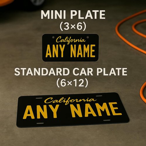 Personalized California Mini State License Plate, Custom Name, Text or Number Plate, Customized Bike Accessories, Kids Toy Car Signs, and Gift, Made in The USA (3x6, Aluminum, Black & Yellow)