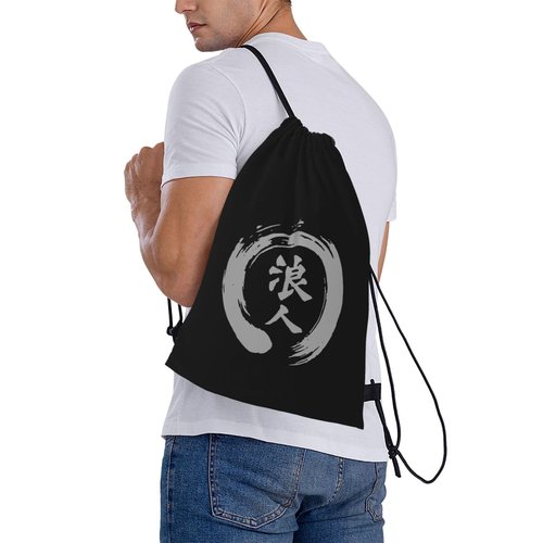 SQMGEHVNY Japanese Kanji Character Ronin Drawstring Bags, Lightweight Gym Sack with Adjustable Cord, Water-Resistant Sports Backpack for Men Women, Travel, Yoga, College (Black)