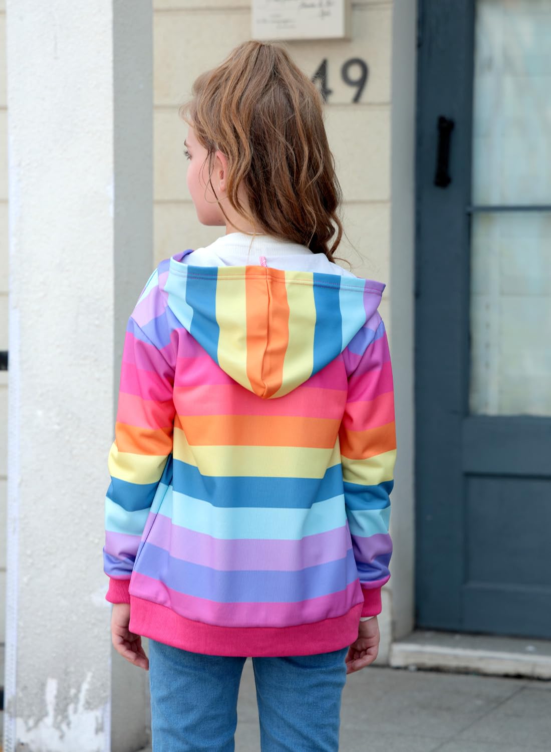 Belovance Girls Graphic Zip Up Hoodie Sweatshirt with Pockets Kids Tween Hooded Coat Casual Loose Outerwear Autumn Long Sleeves Oversized Novelty Lightweight Jacket Top Cute Rainbow Stripe 6 7 6-8