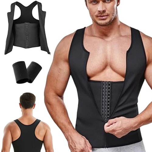 krautain Men's Zipper Waist Trainer Trimmer Vest Sweat for Men Under Clothes Compression Shirt Body Shaper Compression Undershirts(1PC,X-Large)
