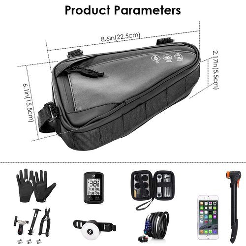WOTOW Bike Frame Storage Bag, Water Resistant Reflective Bicycle Triangle Bag with Two Side Pockets, Strap-On Under Seat Tool Accessories Pouch for Mountain Road Bike Trip (2L)