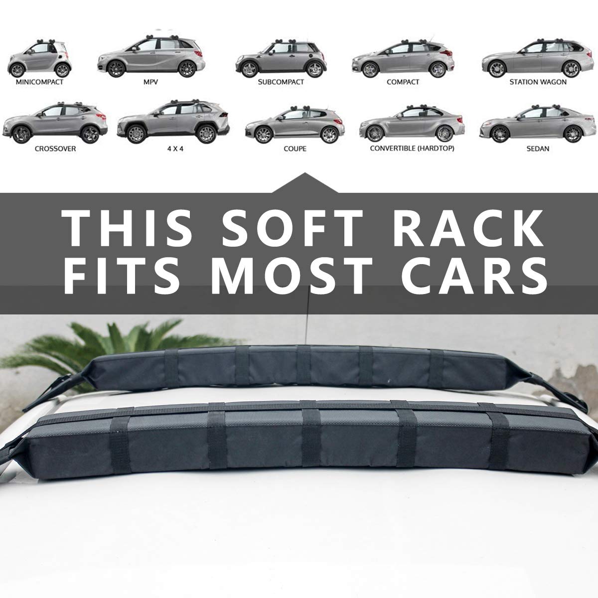AQUARM Kayak Roof Rack Pads Deluxe Upgrade Universal Car Soft Roof Rack for Canoe/Paddle Board/SUP with Adjustable Steady Tie-Down Straps/Ropes/Hooks/T-Straps and Storage Bag