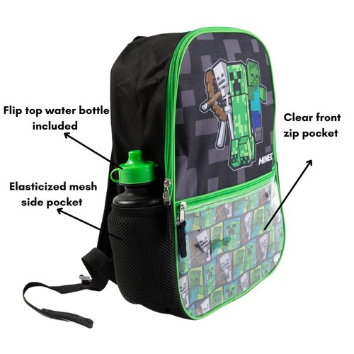 Minecraft Backpack Set with Lunch Box for Boys & Girls, 16 inch, 5 Piece Value Set