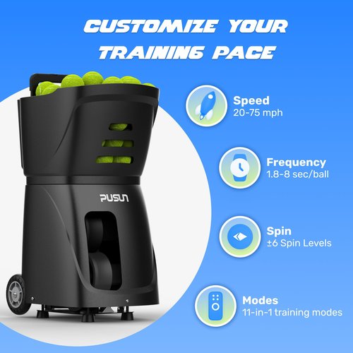 PT-Smart Tennis Ball Machine, App-Controlled, 12–75 mph Speed, 1.8–8s Feed Interval, 100-Ball Capacity, 20 Landing Points, 5Hour Battery, Lightweight Design – for Beginners to Intermediate Players
