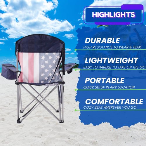 EZONE Set of 2 Camping Chairs with Built-in Ice Cooler, Portable Chair, Storage Pocket, Cup Holder, and Carry Bag Perfect for Camping, Tailgating, Fishing, Beach, and Lawn (2, Flag)
