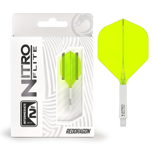 RED DRAGON Darts – Nitro Flite Integrated Flight & Shaft System – No.2 Shape and Design – White & Yellow Colour, Intermediate Length
