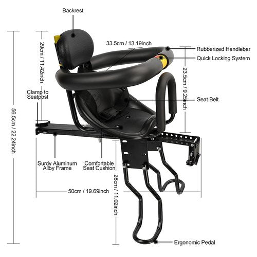 FORTOP Baby Bike Seat, Front Mount Kids Bike seat for Toddler with Safety Belt and Handrail, Compatilble with Adult Bike (Black)