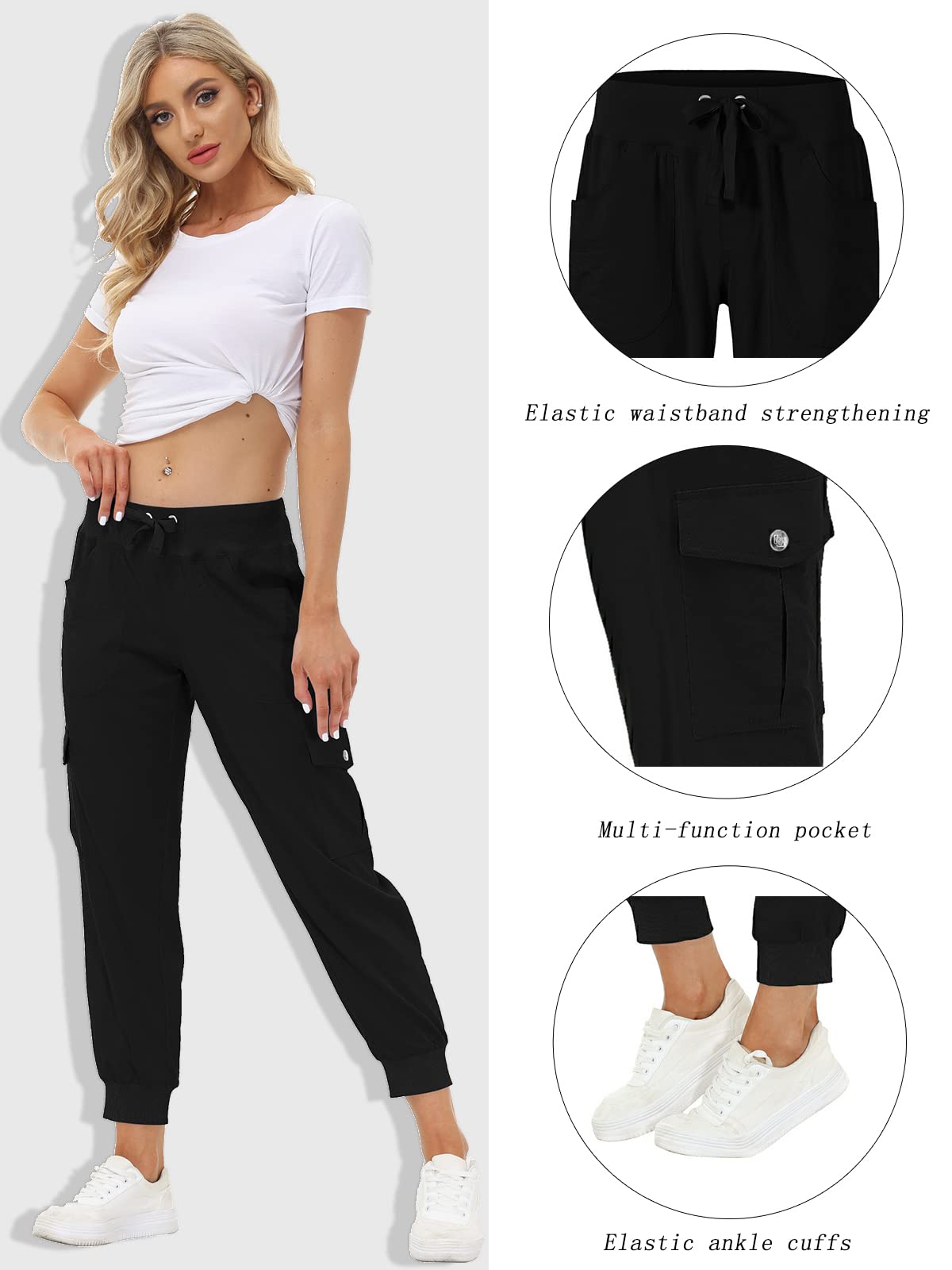 MoFiz Womens Lightweight Hiking Pants with Pockets Quick Dry Athletic Outdoor Summer Travel Casual Sweatpants Cargo Pant for Women Black 4XL