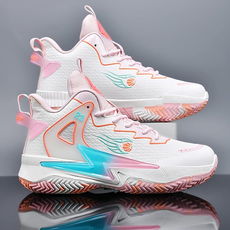 Kiusmety High Top Basketball Shoes for Women & Men, Breathable Non-Slip Outdoor Sneakers - Pink+7 Women/6 Men