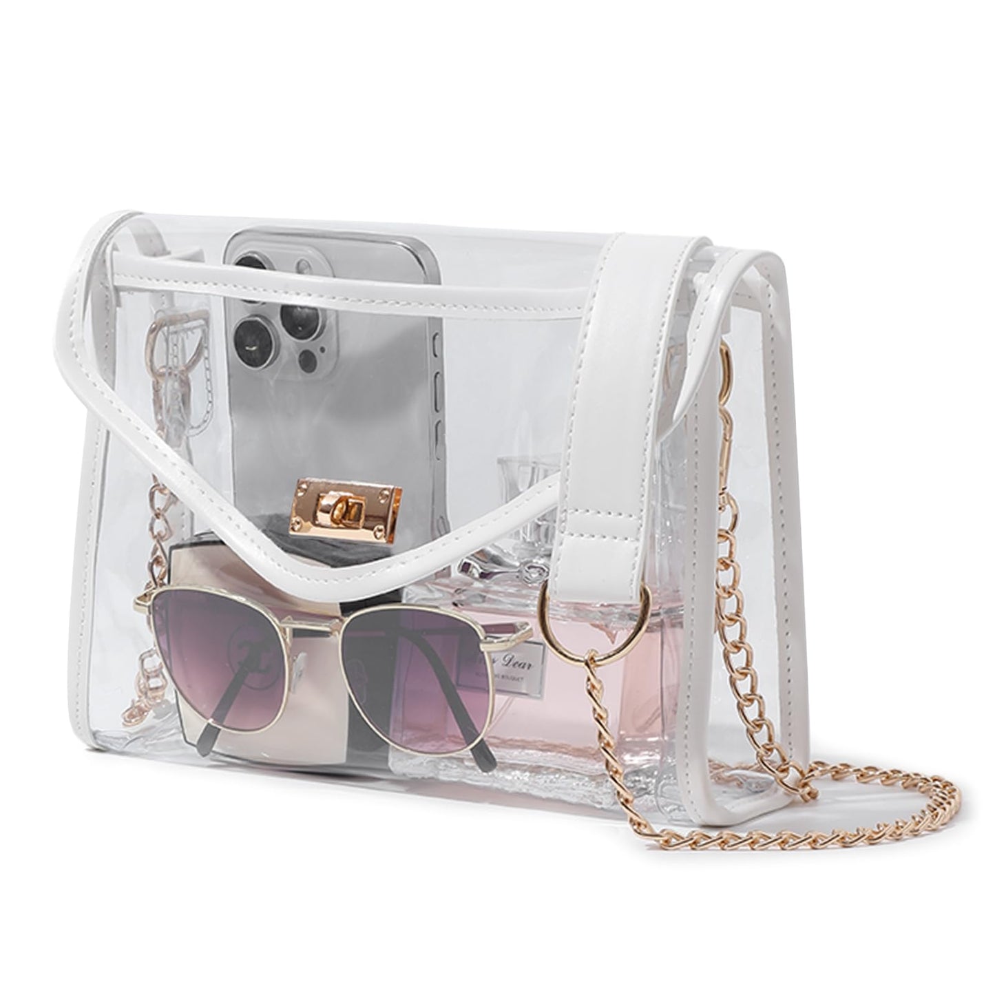 Bucosd Clear Purse for Women Stadium Approved, Clear Crossbody Bag with Leather Edging for Concert Sports events (White - Gold Chain with Shoulder Strap Pad)