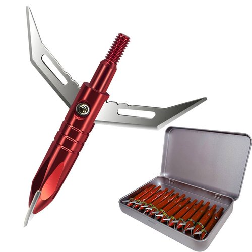 e5e10 12pcs Hunting Broadheads 100 Grain Archery Broadheads New Stell Broadheads + 1 pcs Sliver Broadhead Case for Arrowheads (red)