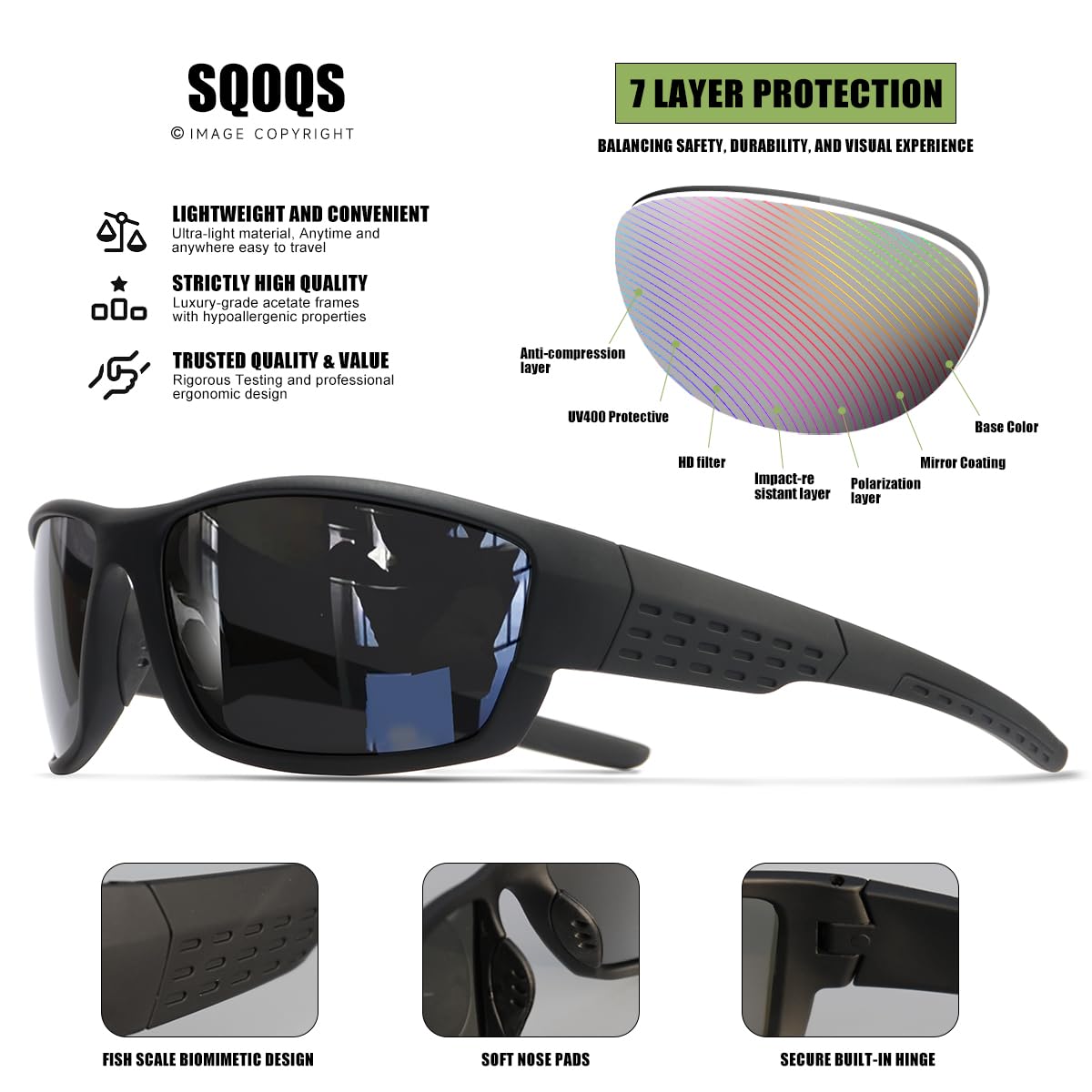 SQOQS Polarized Sports Sunglasses Men UV400 Protection Lightweight Wrap Around Goggles for Cycling Fishing Driving Running