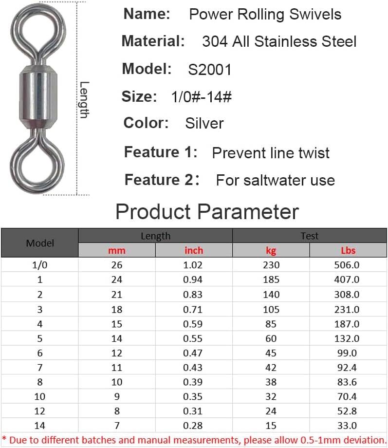 100 Pcs Fishing Swivels Saltwater, 100% 304 Stainless Steel Power Swivel Corrosion Resistance Barrel Swivels High Strength Freshwater Fishing Line Lure Leader Connectors