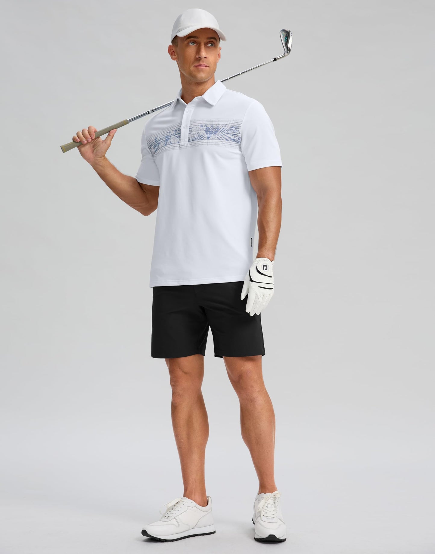Men's Golf Shirts Dry Fit Moisture Wicking Performance Short Sleeve Collared Polo Shirts for Casual Tennis Bussiness (White Leaves, XXXL)