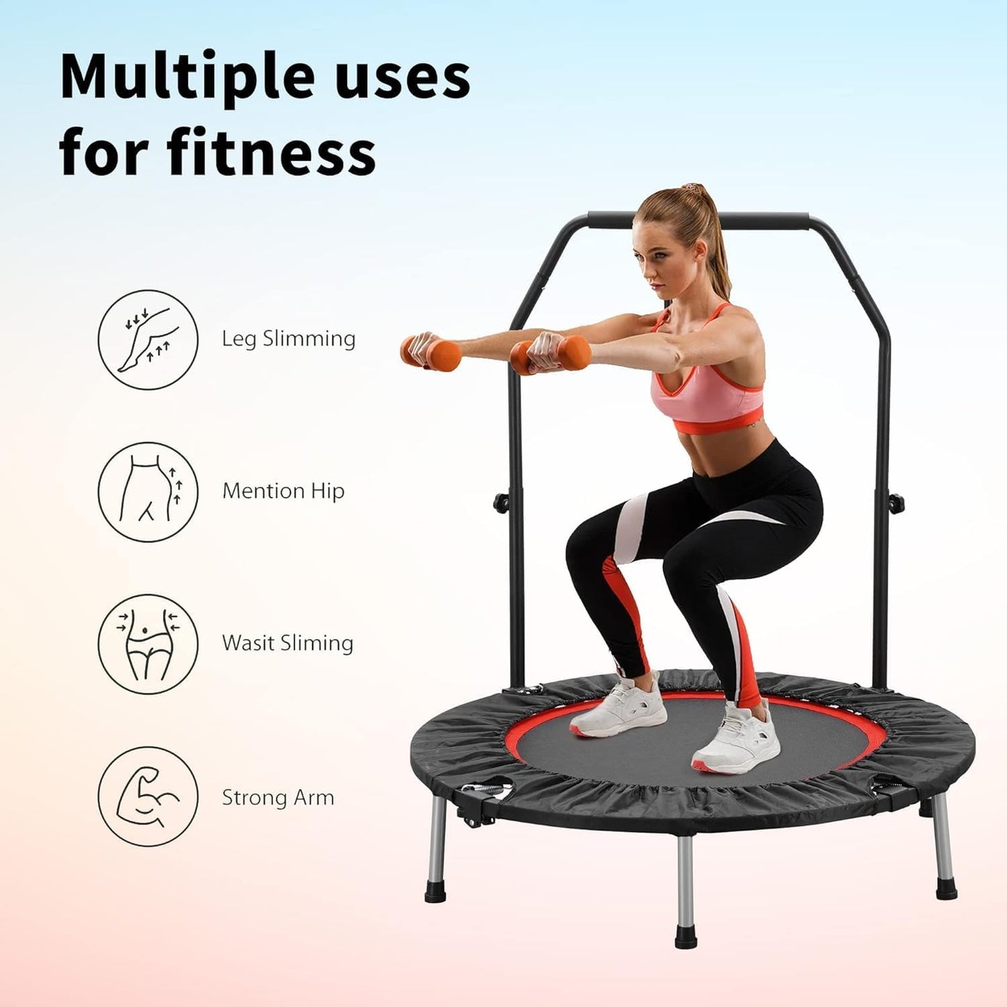 HYD-Parts 40" Mini Trampoline for Adults and Kids Exercise Rebounder Trampoline with Adjustable Bar Fitness Trampoline Indoor & Outdoor, Max Load 330lbs
