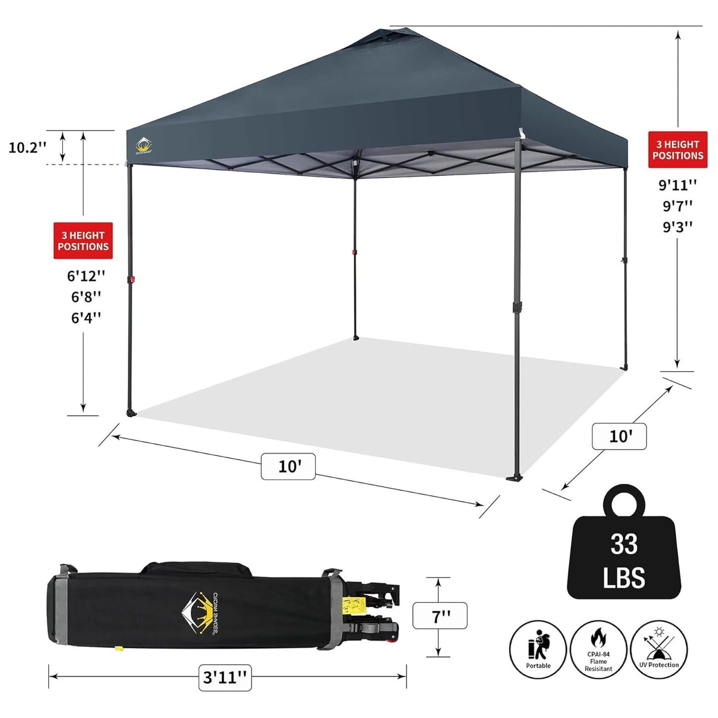 CROWN SHADES 10x10 Pop Up Canopy Tent - Patented Center Lock One Push Instant Outdoor Canopy Beach Tent with STO-N-Go Bag 8 Stakes & 4 Sand Bags，Grid Grey