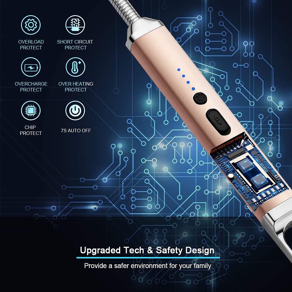 SUPRUS Lighter Rechargeable USB Lighter Arc Electric Lighetrs with Safety Switch 360° Flexible Neck Flameless Grill Long Lighters for Candle Camping Cooking (Champagne Gold)
