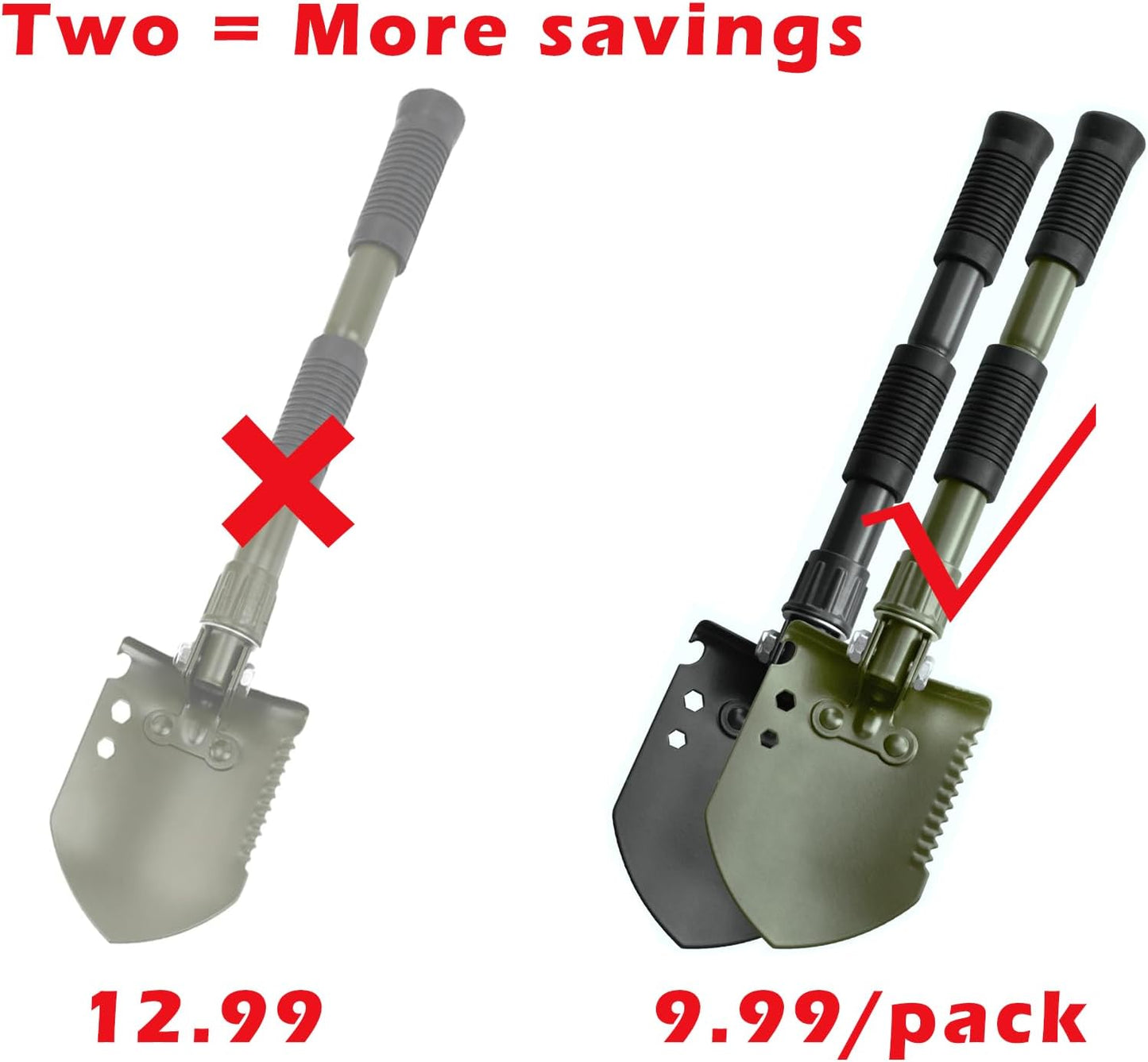 2-Pack Black & Green Folding Camping Shovels, Carbon Steel Multi-Tool Survival Shovel for Outdoor, Emergency, Hiking, Car Off-Road