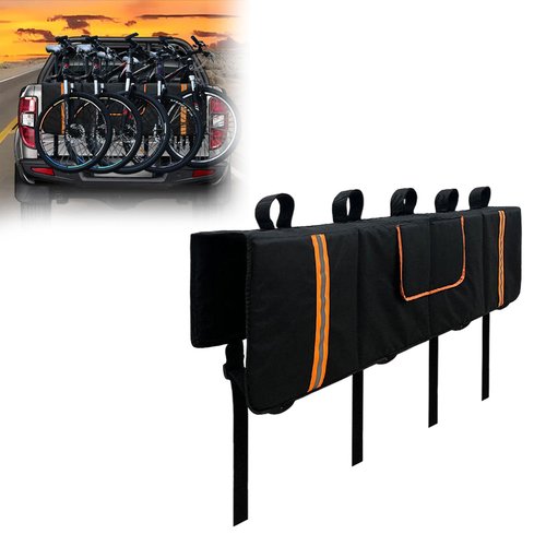 Tailgate Bike Pad for 5 Mountain Bikes, Tailgate Cover Made with Waterproof Material Flip-up Flap, Tailgate Protector with Reflective Strips and 2 Tool Pockets for Full-Size Trucks