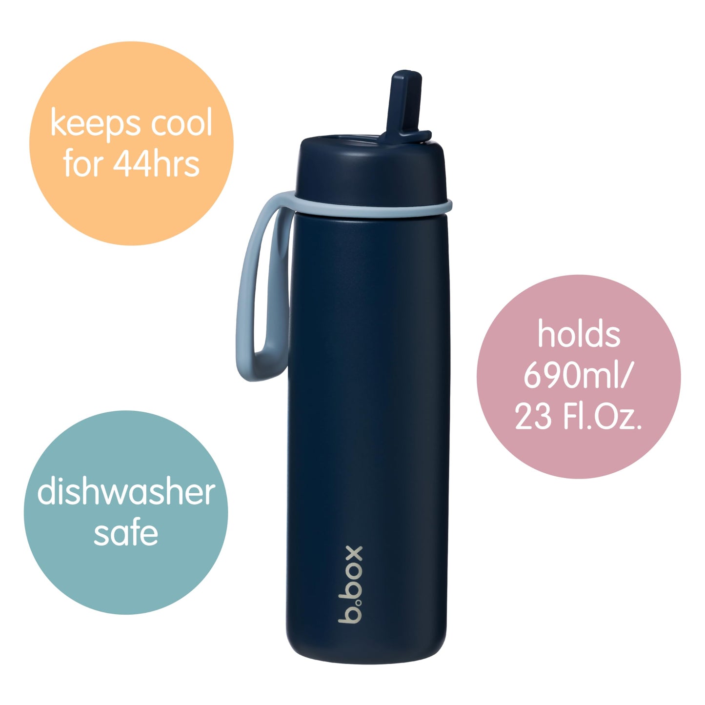 b.box 23oz Insulated Water Bottle w/Flip Top Lid for All Ages - 44 Hours Cold - Leak Proof Stainless Steel Water Bottle with Lid & Straw for Travel, Gym & School, BPA Free - Midnight