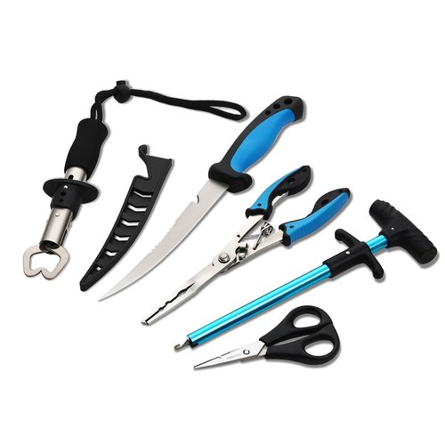 JOYOUSLIFE 5pc Fishing Tool Kits - Fishing Pliers, Fillet Knife with Sheath, Stainless Steel Fish Lip Gripper, Fishing Hook Remover and Big Horse Fishing Scissor Line Cutter