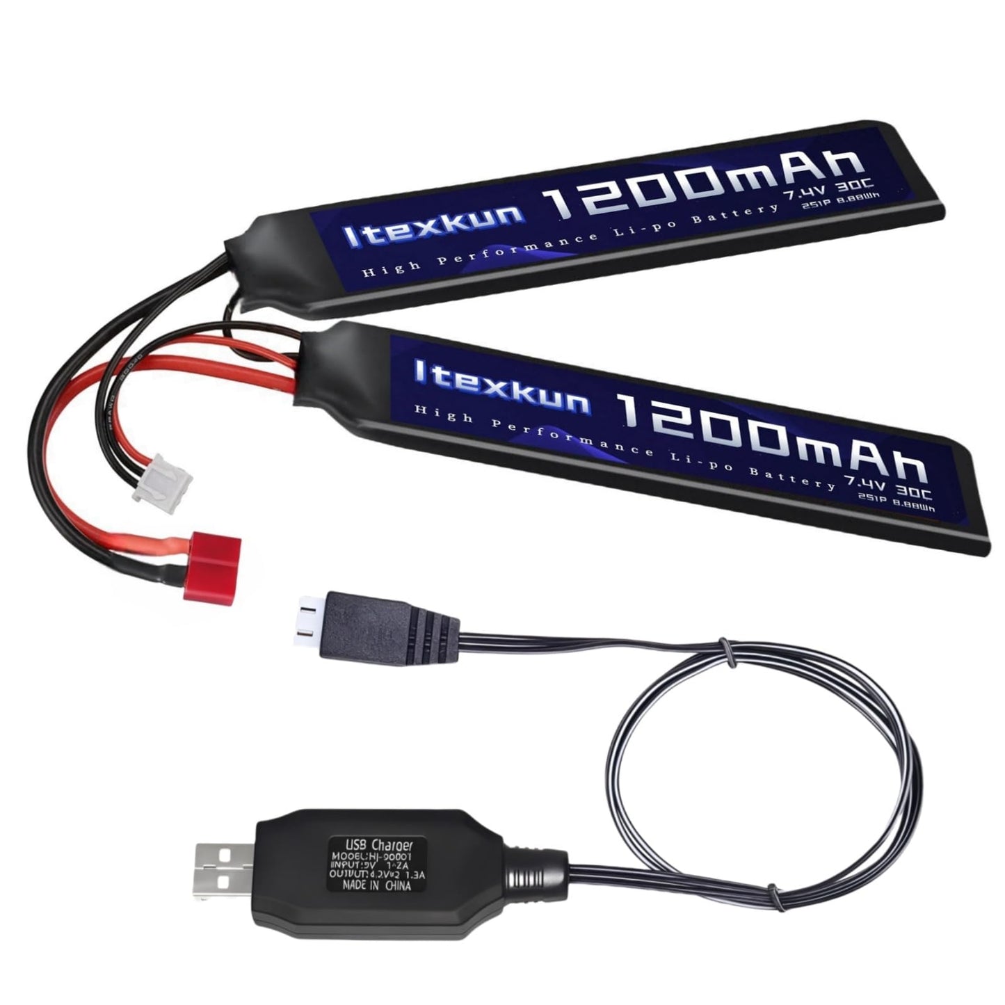 Itexkun 7.4V 1200mAh Airsoft Lipo Battery T Plug Rechargeable 30C High Discharge Rate Lipo Battery with Charger for Airsoft Model Guns