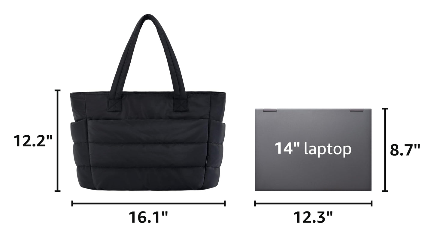 BAGSMART Tote Bag for Women, Lightweight Puffy Tote Bag with Compartments Shoulder Bag Handbag for Travel, Work, Gym (a-Standard Size-Black, Standard Size)