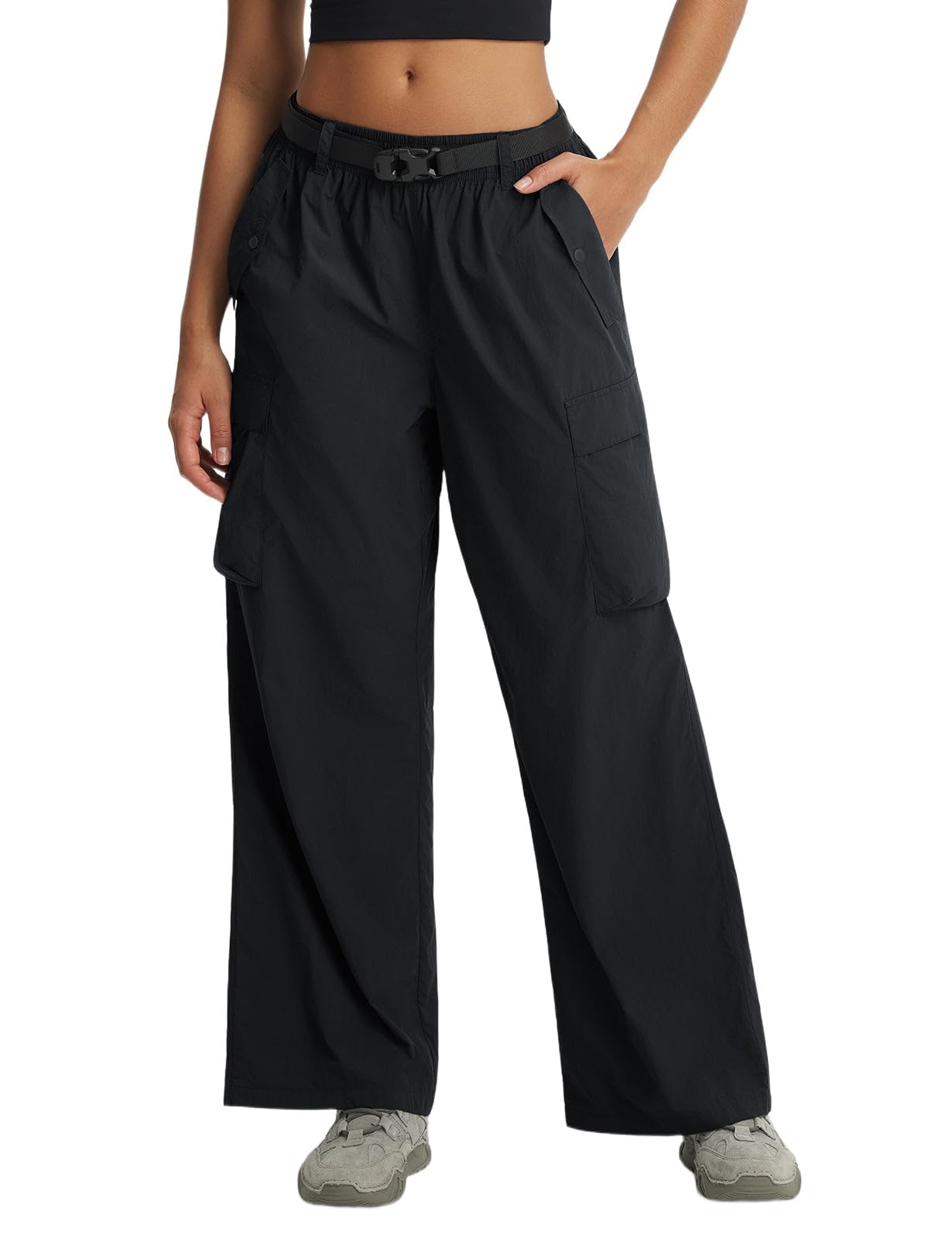 baleaf Women's Lightweight Hiking Pants Quick Dry Wide Leg Outdoor Pants for Women Travel Cargo Pants with Pockets Black L