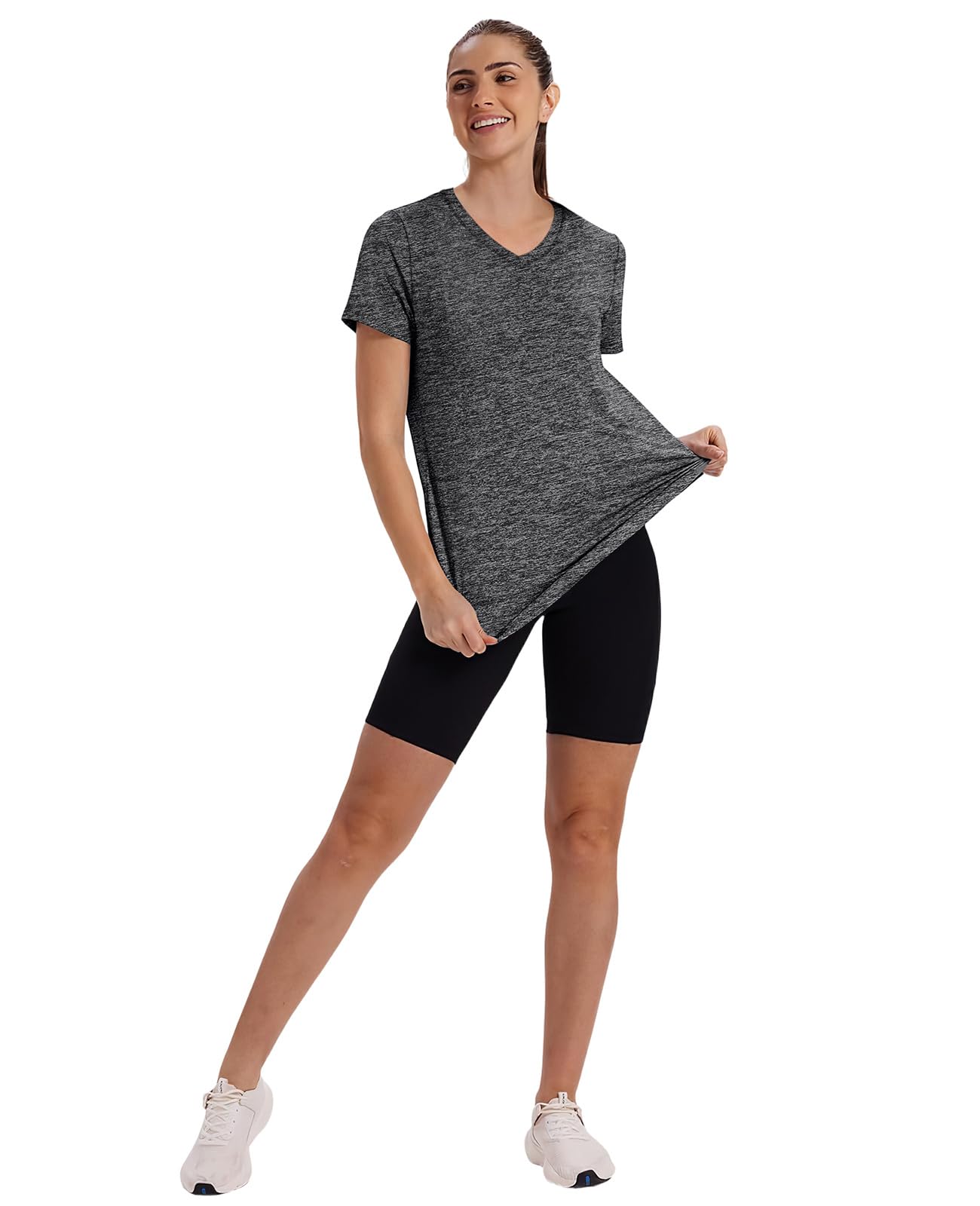 Short Sleeve Shirts for Women Workout Yoga Tops Sun Protection Clothing Summer Outfits Rash Guard Side Slit V Neck Dark Grey XL