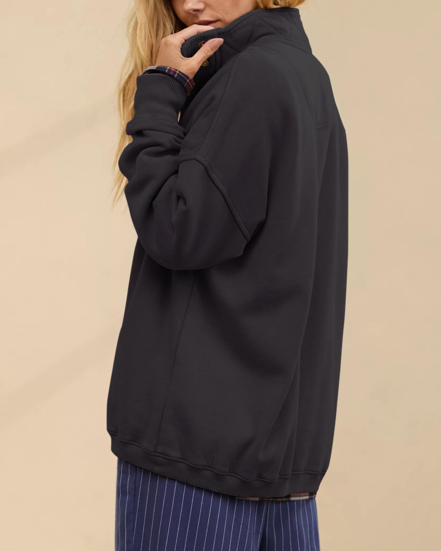 Gacaky Sweatshirt for Women Oversized Casual Long Sleeve Button Henley Neck Pullover Tops Fashion Outfits Clothes Black Large