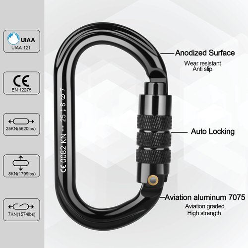 FVW CE Certified Auto Locking Climbing Carabiners, Professional 25KN (5620 lbs) Heavy Duty Caribeaners for Rappelling Swing Rescue & Gym etc, Large D-Shaped Carabiners, 5 Pack